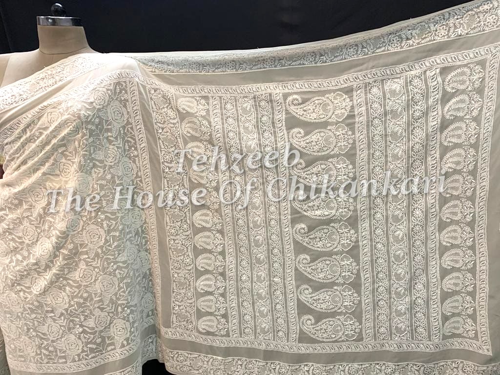EK Taar - Rose ( Gulab-kaari) Chikankari Saree, detail 2