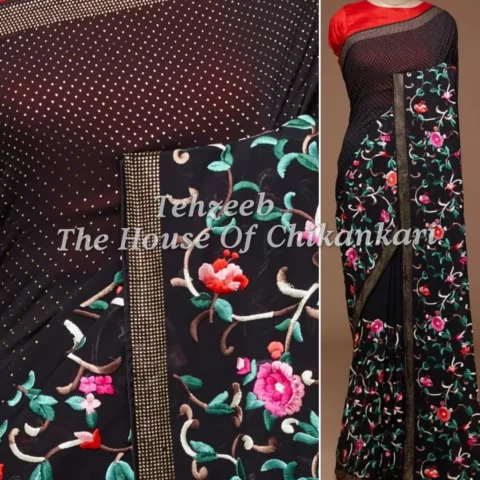 Firdaus - Designer Parsi Gara Hand Embroidered Saree with Mukaish