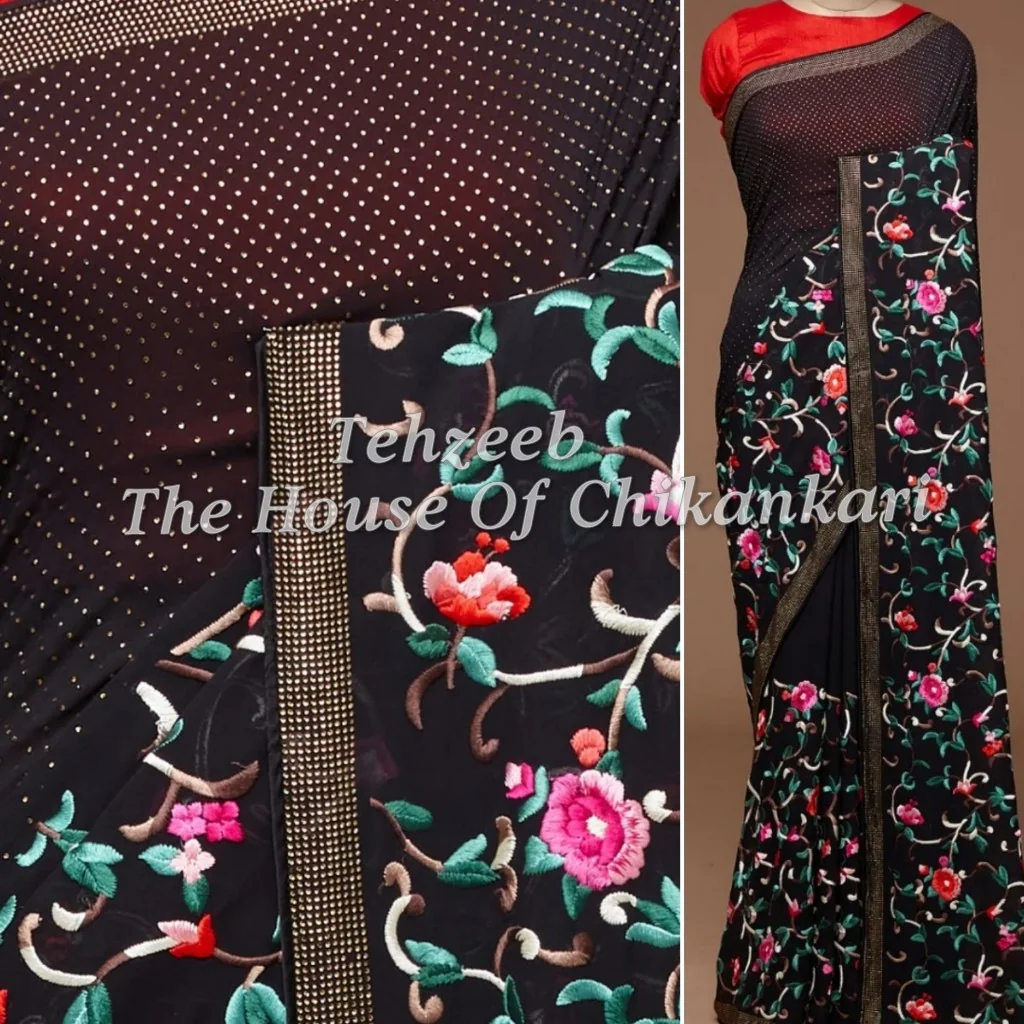 Firdaus - Designer Parsi Gara Hand Embroidered Saree with Mukaish