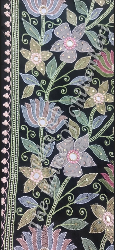 Gulzaar - Organza Silk Chikankari Saree, Black with Pastel Florals