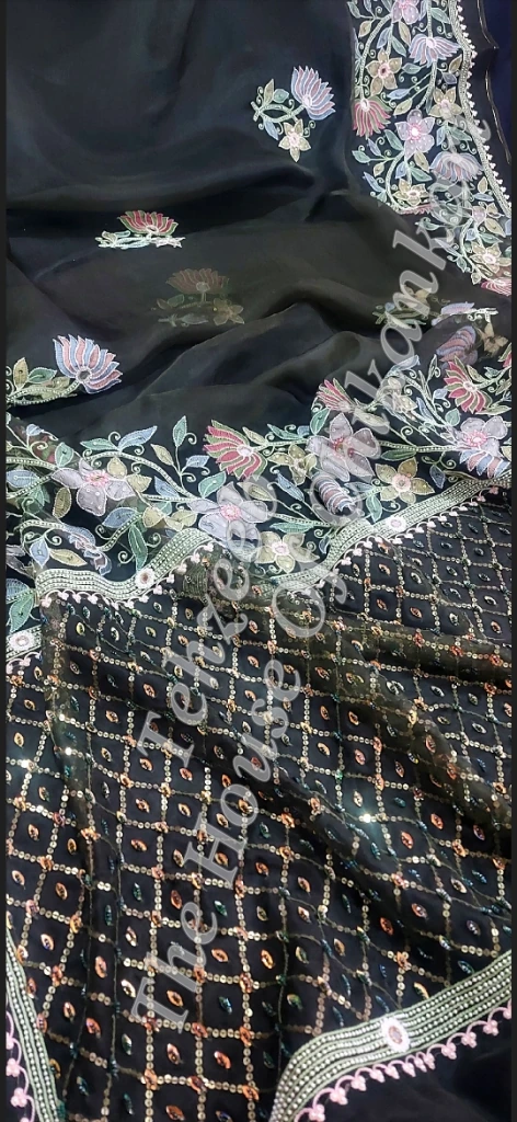 Gulzaar - Organza Silk Chikankari Saree, Black with Pastel Florals, detail 2
