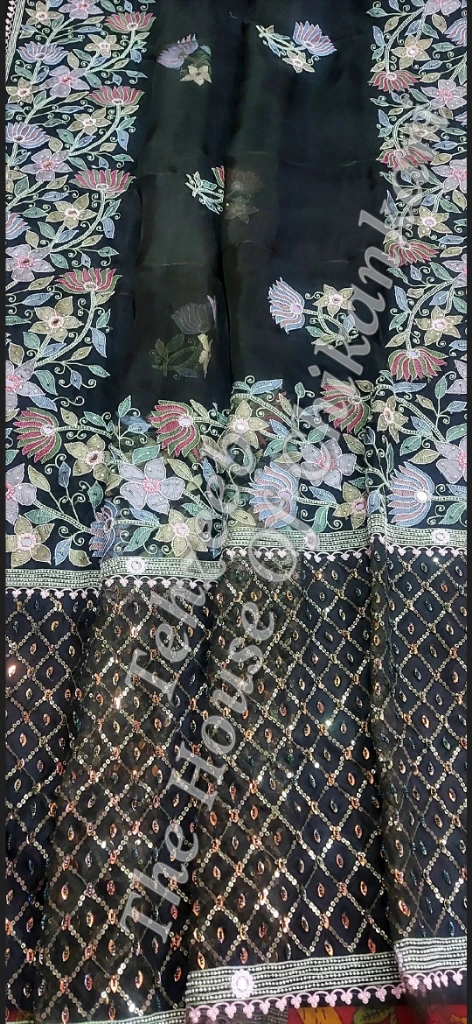 Gulzaar - Organza Silk Chikankari Saree, Black with Pastel Florals, detail 3