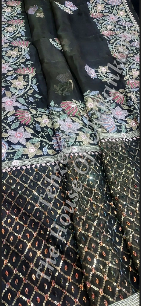 Gulzaar - Organza Silk Chikankari Saree, Black with Pastel Florals, detail 4