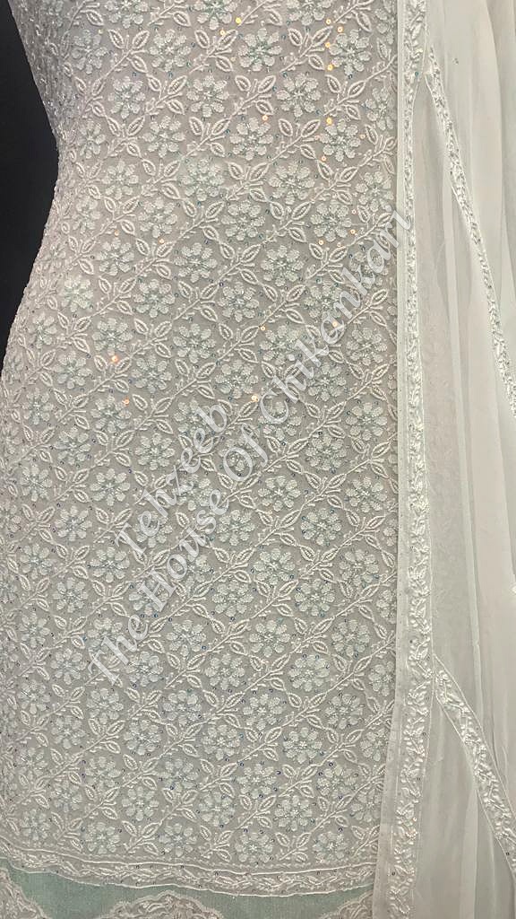 Floral Ek Taar - Lucknowi Chikankari Designer Suit, Mint with Medallion Motifs, detail 3