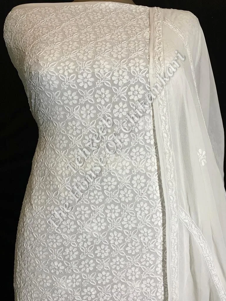 Floral Ek Taar - Lucknowi Chikankari Designer Suit, White