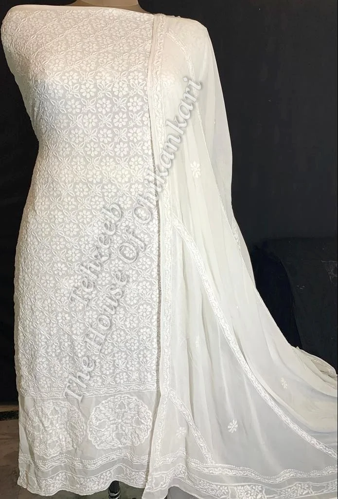 Floral Ek Taar - Lucknowi Chikankari Designer Suit, White, detail 2