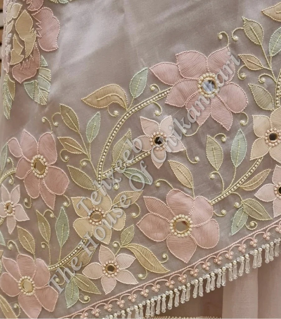 Gulzaar - Organza Silk Chikankari Saree, Blush Peach