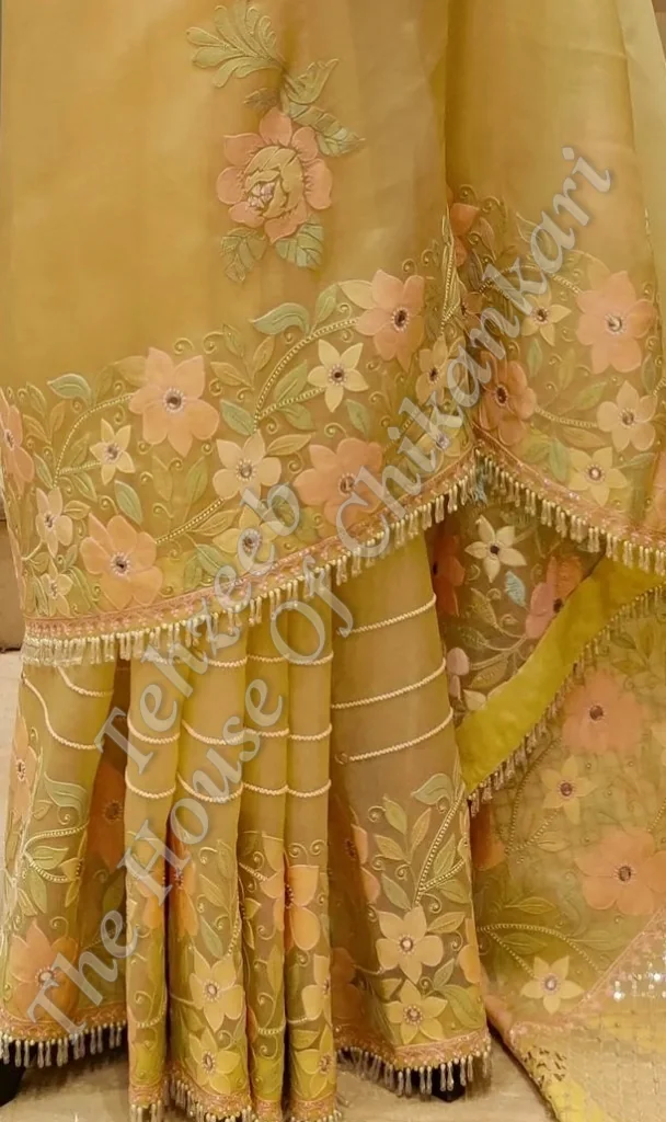 Gulzaar - Organza Silk Chikankari Saree, Blush Peach, detail 2