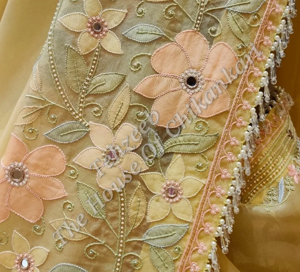 Gulzaar - Organza Silk Chikankari Saree, Blush Peach, detail 3