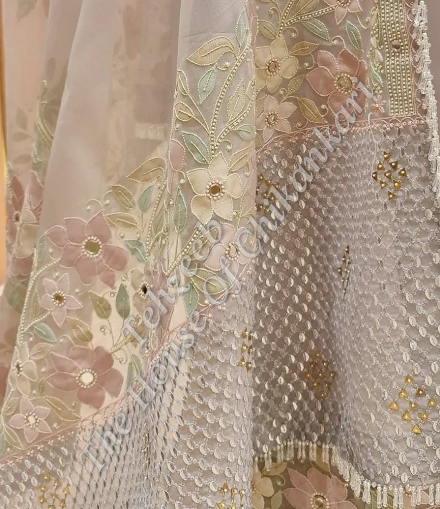 Gulzaar - Organza Silk Chikankari Saree, Blush Peach, detail 4