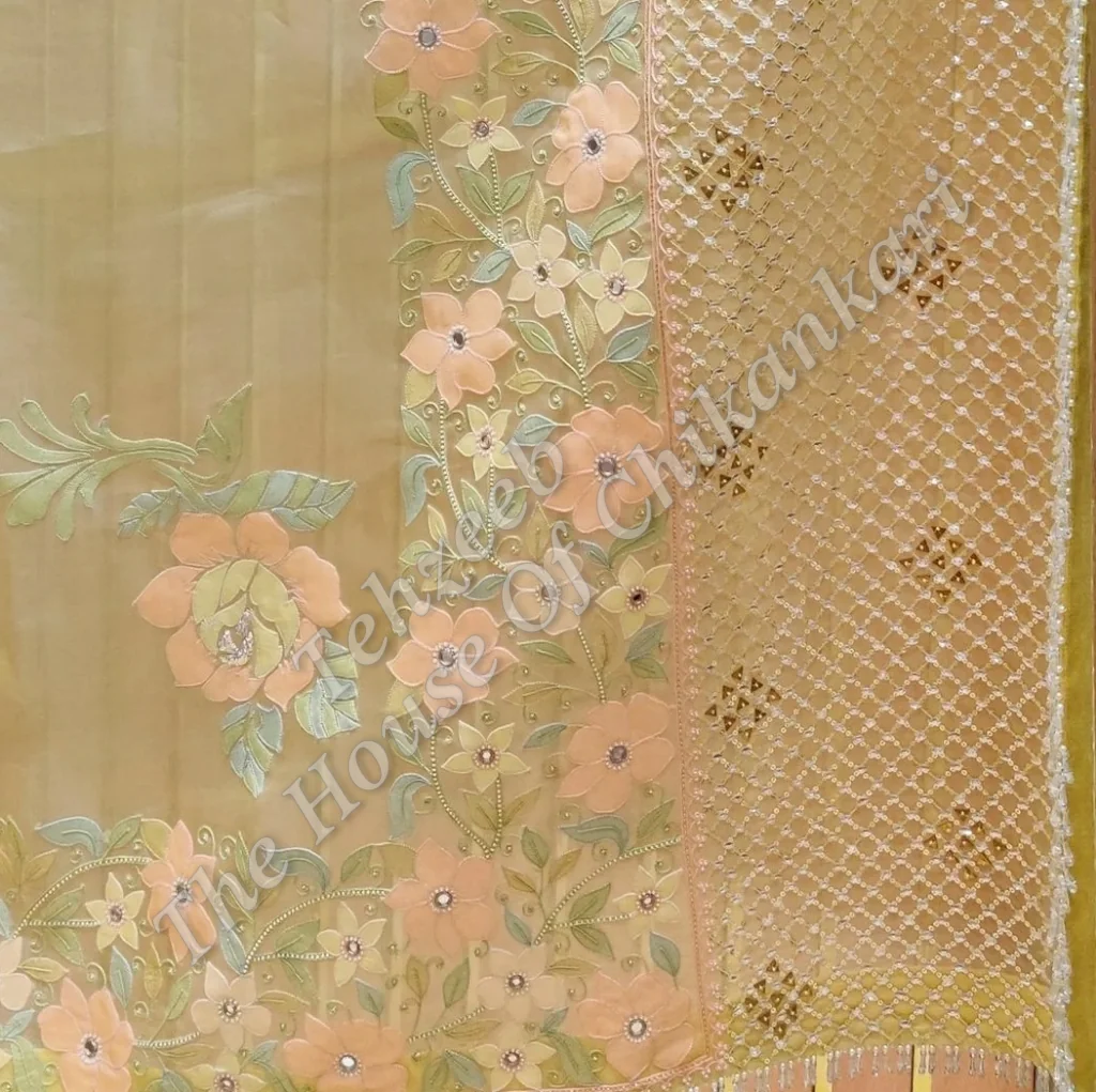 Gulzaar - Organza Silk Chikankari Saree, Blush Peach, detail 5