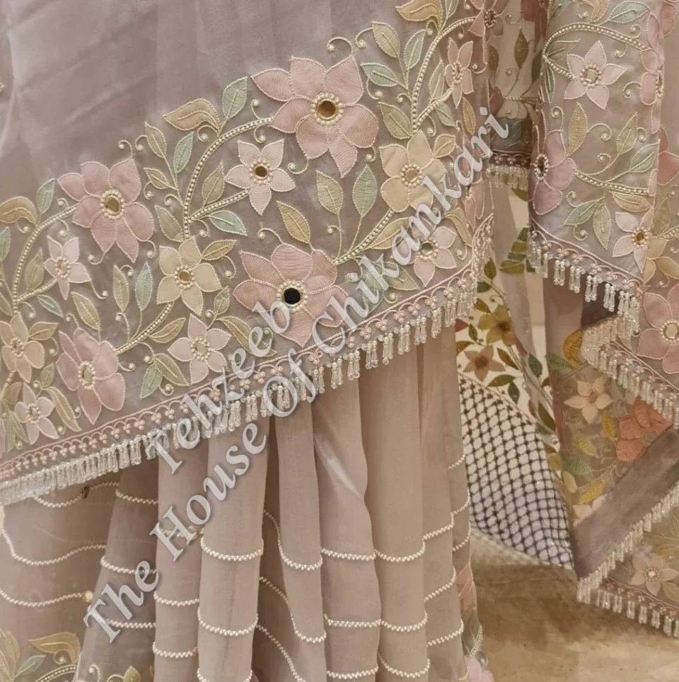 Gulzaar - Organza Silk Chikankari Saree, Blush Peach, detail 6