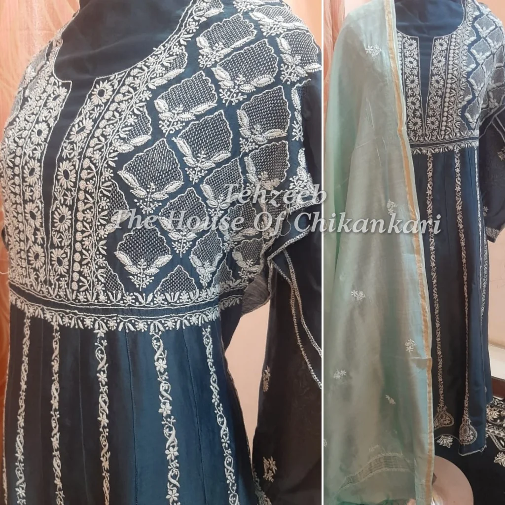 Haath Jaal Chanderi Chikankari Suit, Steel Blue, detail 2