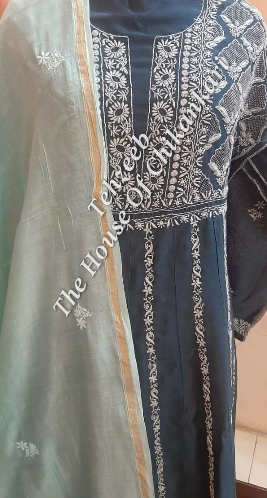 Haath Jaal Chanderi Chikankari Suit, Steel Blue, detail 3