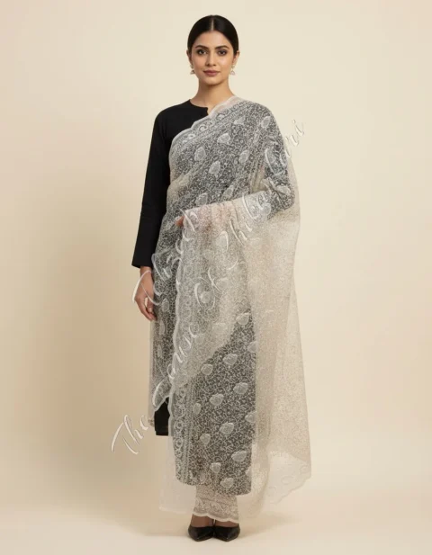 Ivory Ek Taar Chikankari Dupatta with Haath Jaali