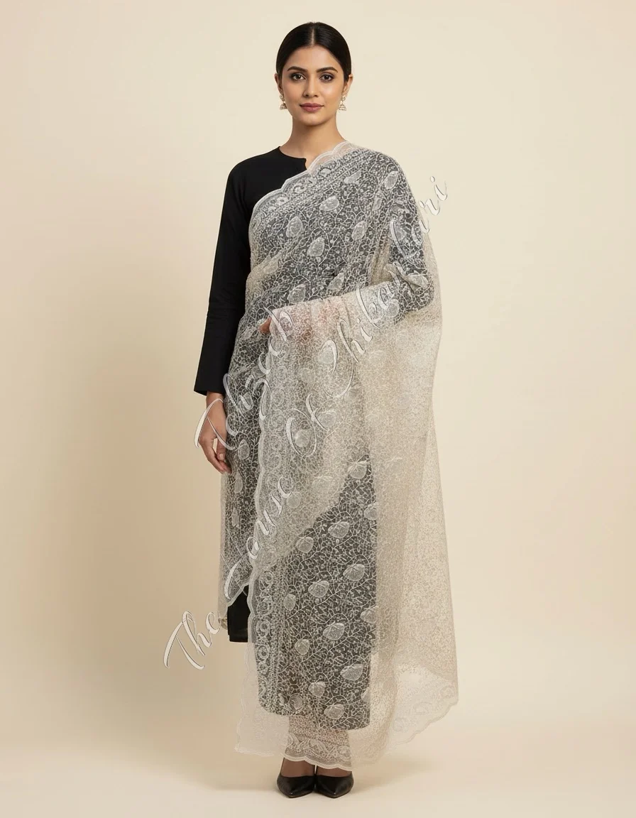 Ivory Ek Taar Chikankari Dupatta with Haath Jaali