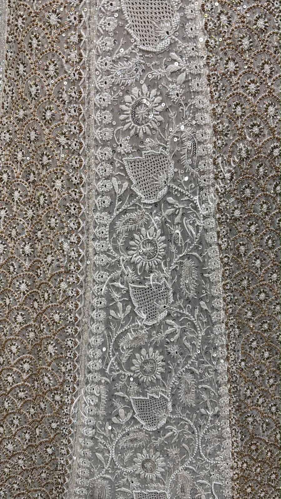 Ivory Georgette Chikankari Bridal Lehenga Skirt - Zardozi, Pearl & Cutdana, detail 4