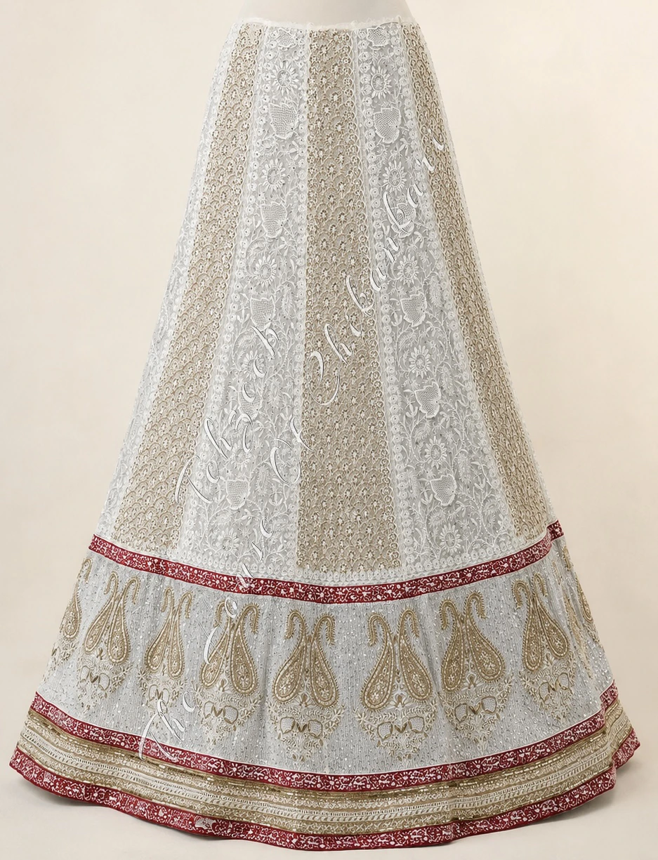 Ivory Georgette Chikankari Bridal Lehenga Skirt - Zardozi, Pearl & Cutdana, detail 5