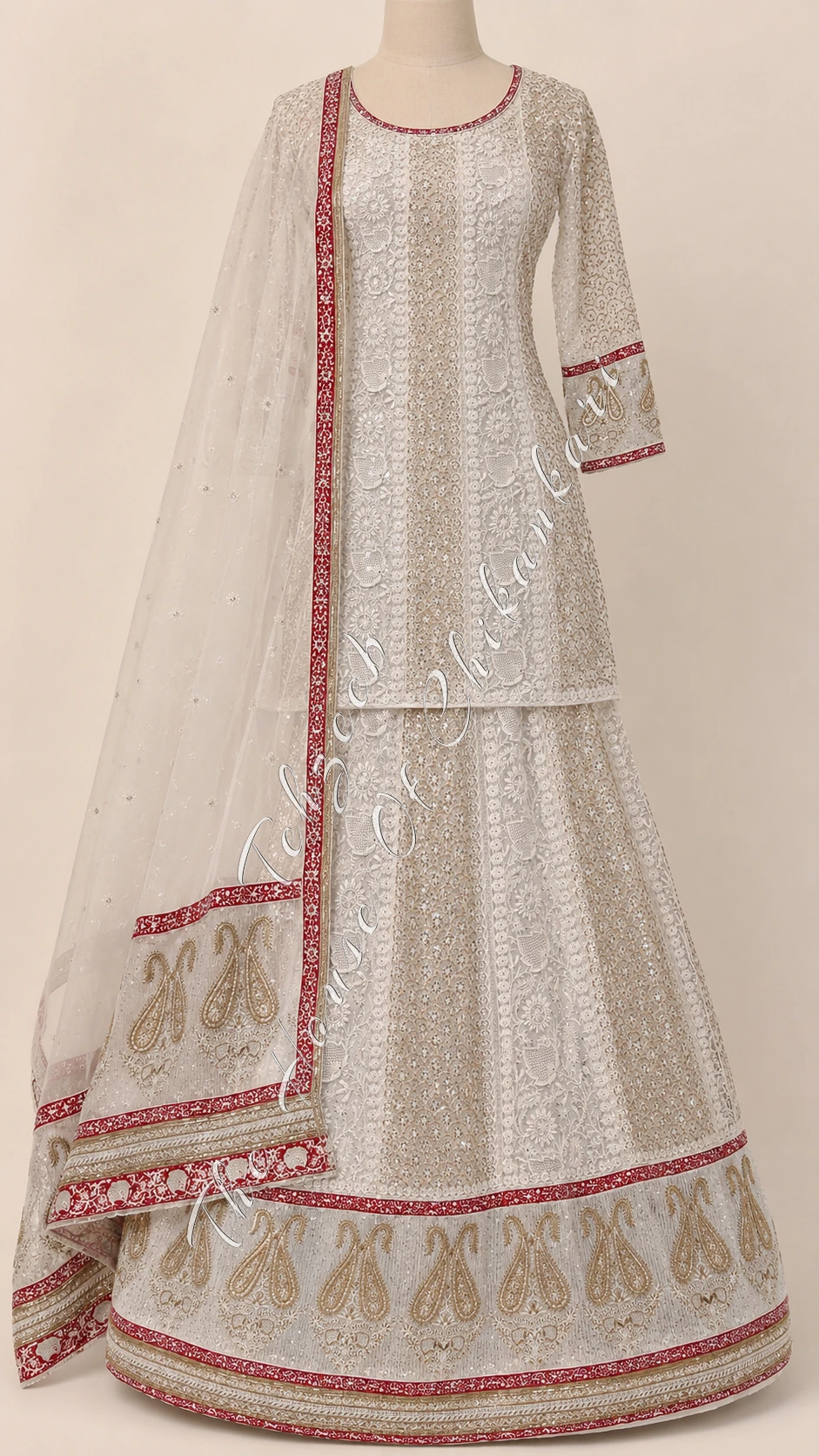 Ivory Georgette Chikankari Bridal Lehenga Skirt - Zardozi, Pearl & Cutdana, detail 6