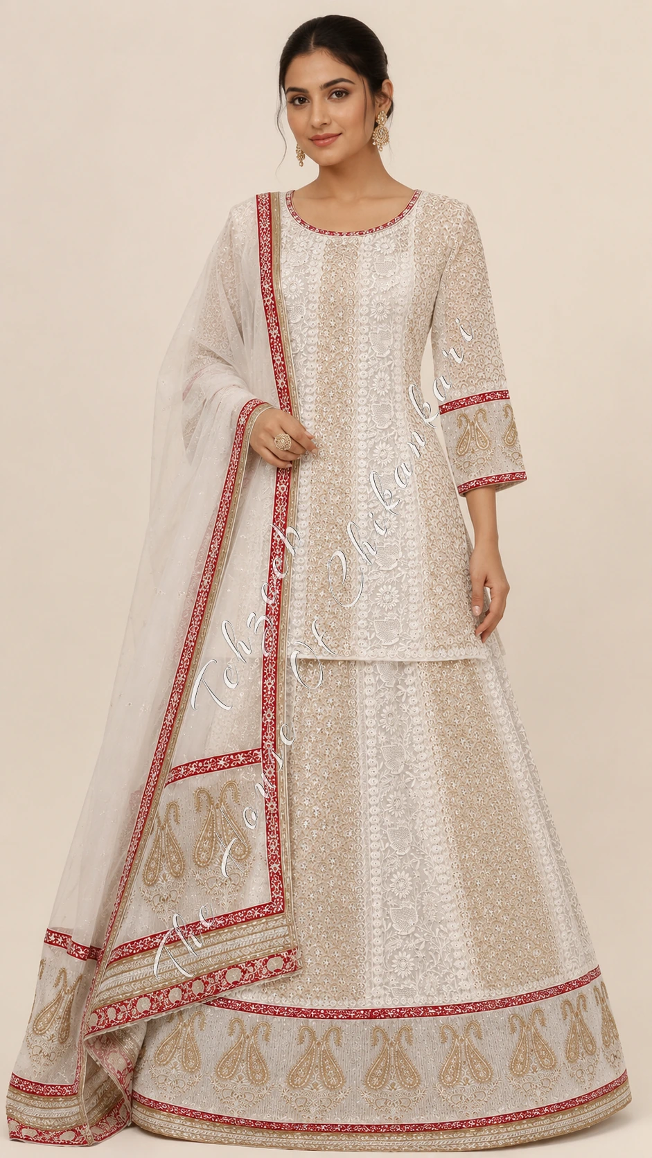 Ivory Georgette Chikankari Bridal Lehenga Skirt - Zardozi, Pearl & Cutdana, detail 7
