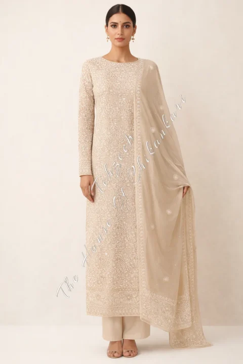 Jahanara - Handcrafted Ek Taar Chikankari Suit with Zardosi Haath Jaali & Mehrab