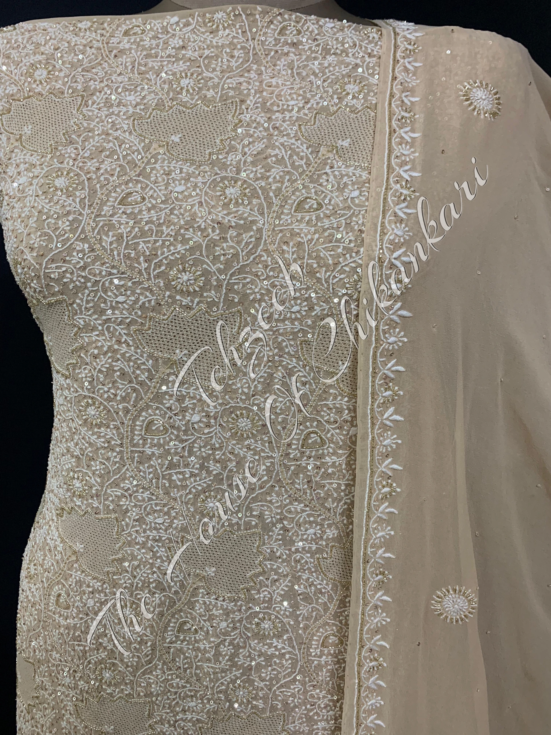Jahanara - Handcrafted Ek Taar Chikankari Suit with Zardosi Haath Jaali & Mehrab, detail 3