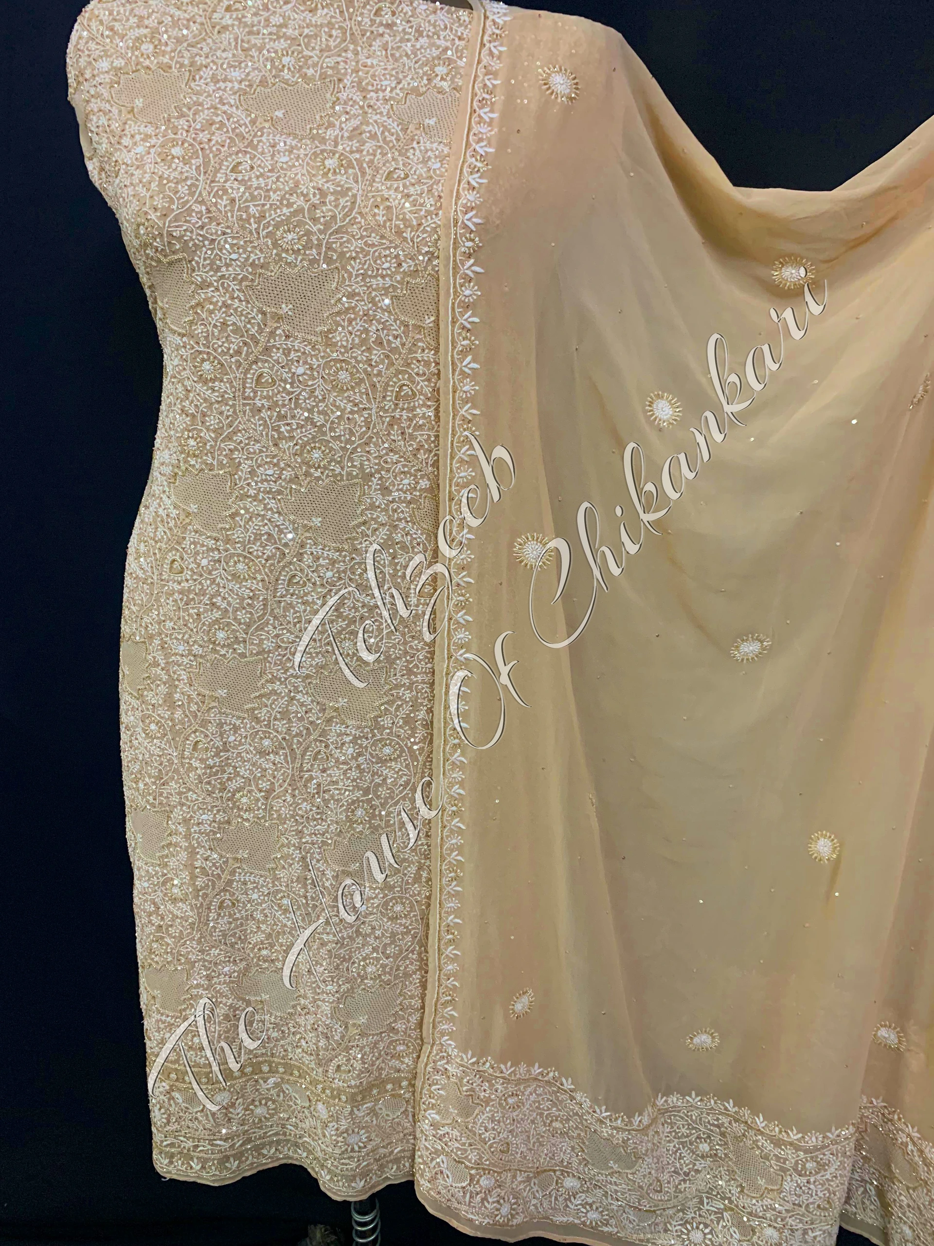 Jahanara - Handcrafted Ek Taar Chikankari Suit with Zardosi Haath Jaali & Mehrab, detail 4