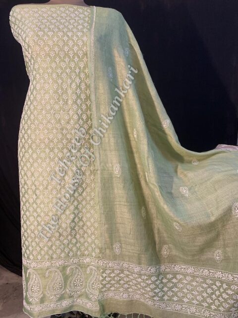 Khadi Silk Murrhi Chikankari Suit, Gold-Green