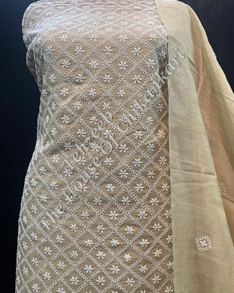 Khadi Silk Murrhi Chikankari Suit, Beige