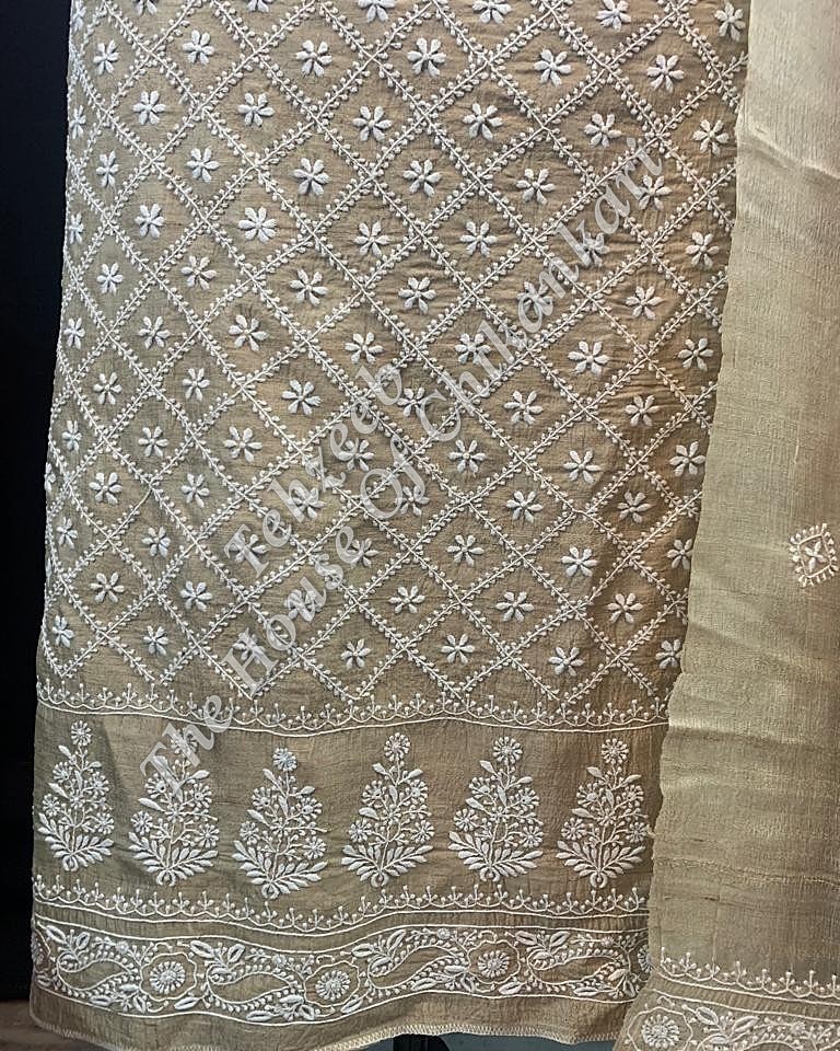 Khadi Silk Murrhi Chikankari Suit, Beige, detail 2