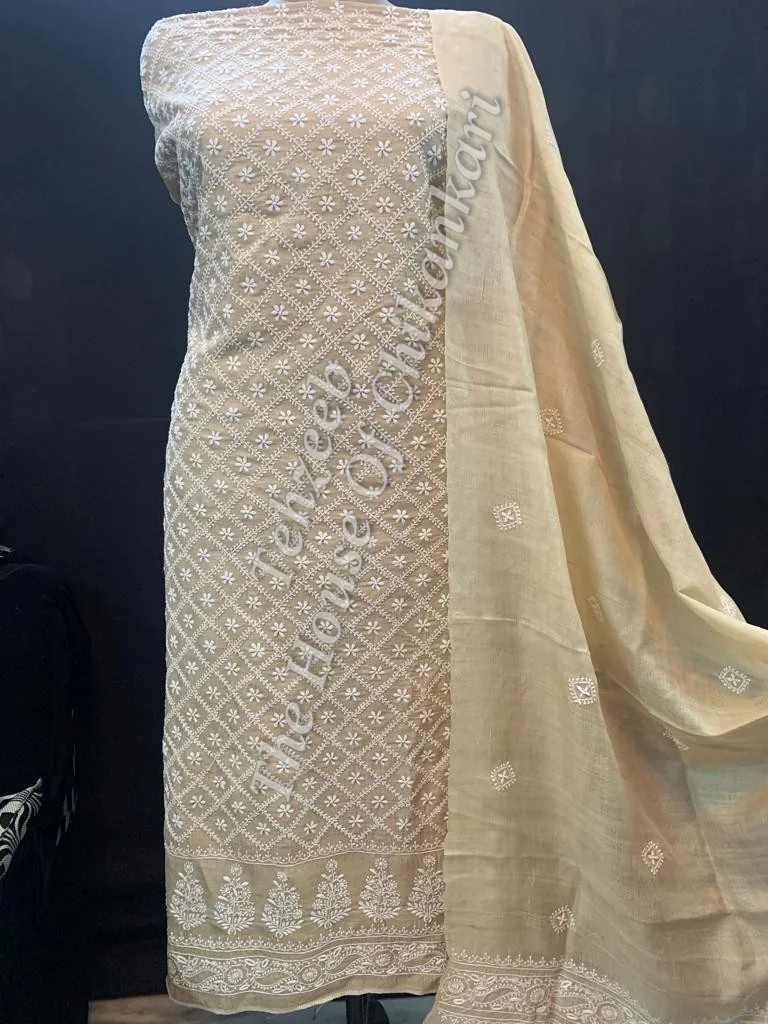 Khadi Silk Murrhi Chikankari Suit, Beige, detail 3
