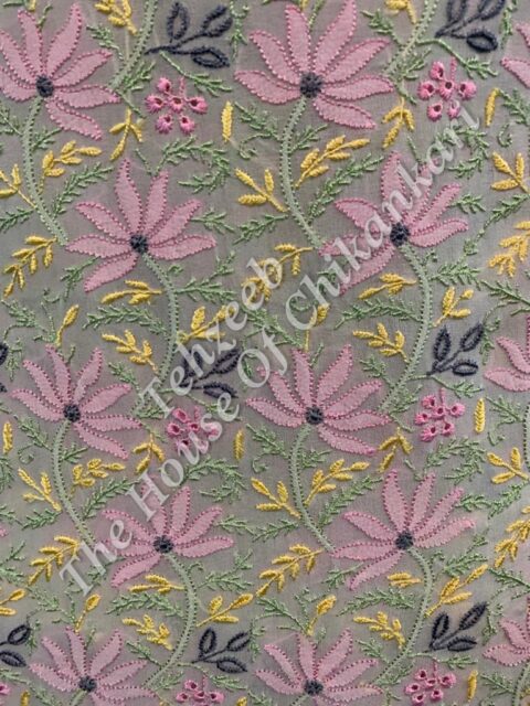 Khwabeeda - Ek Taar Chikankari Suit, Grey with Pink Florals