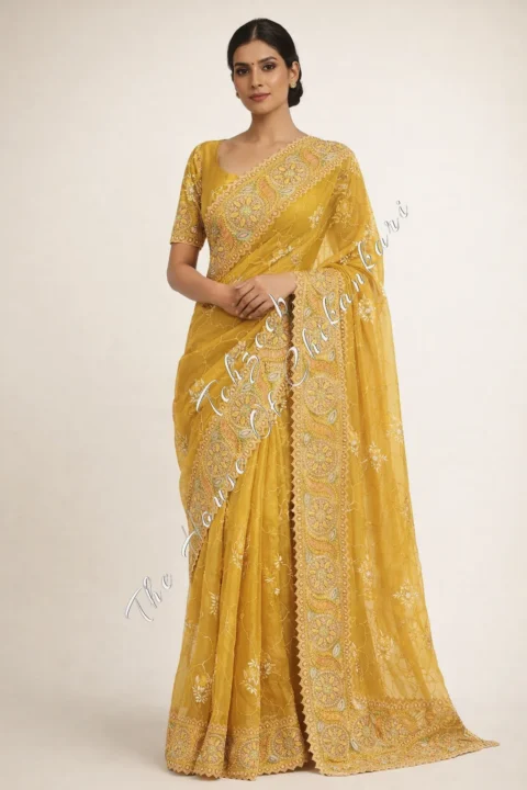 Lucknowi Chikankari Organza Silk Haldi Saree