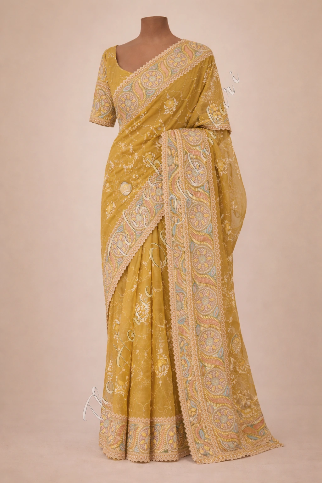 Lucknowi Chikankari Organza Silk Haldi Saree, detail 2