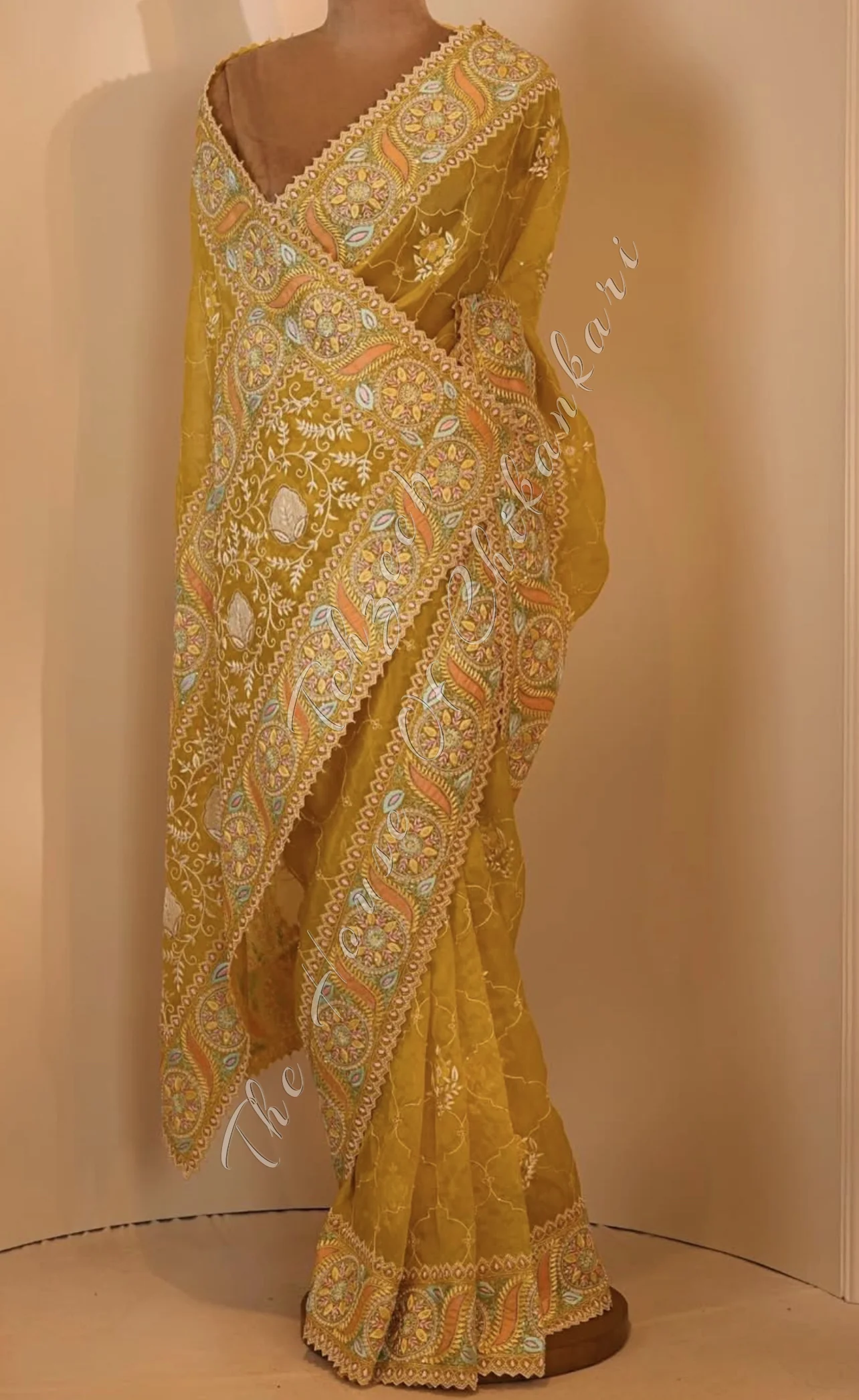 Lucknowi Chikankari Organza Silk Haldi Saree, detail 4