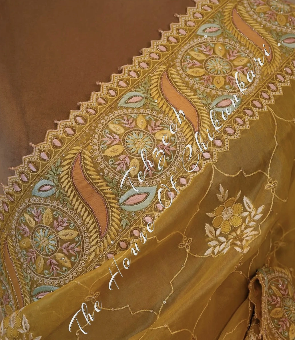 Lucknowi Chikankari Organza Silk Haldi Saree, detail 5