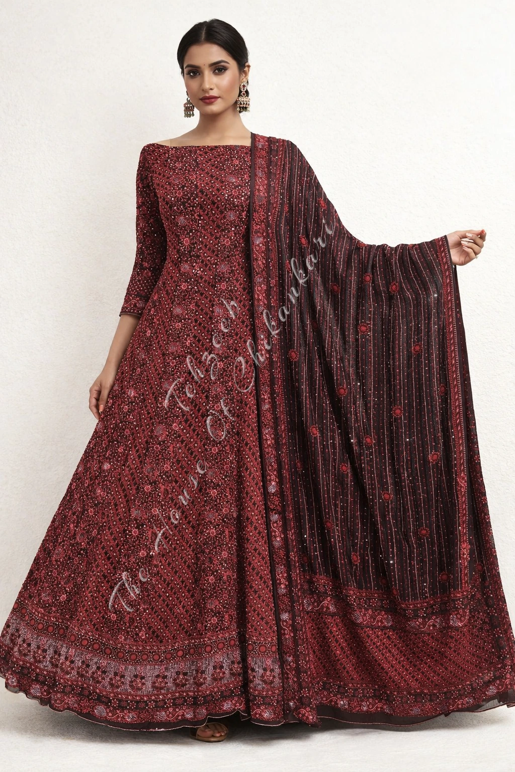 Luxury of Black & Red Anarkali of Lucknowi Chikankari