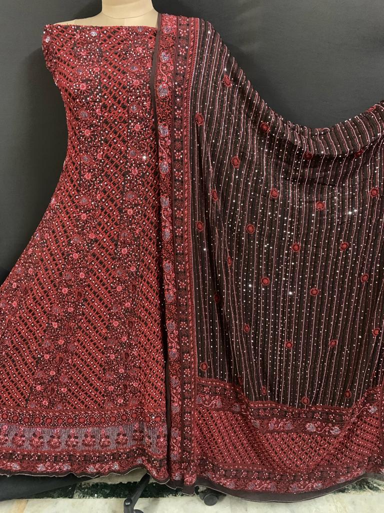 Luxury of Black & Red Anarkali of Lucknowi Chikankari, detail 2
