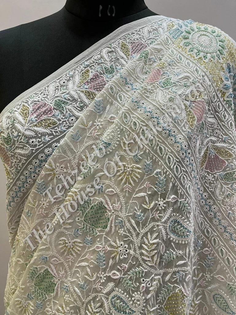 MAHARANI - Designer Ek Taar Chikankari Saree, Ivory with Multicolour Resham