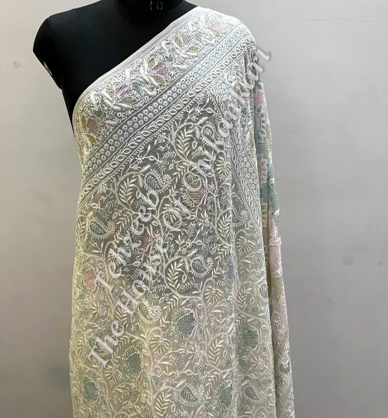 MAHARANI - Designer Ek Taar Chikankari Saree, Ivory with Multicolour Resham, detail 3