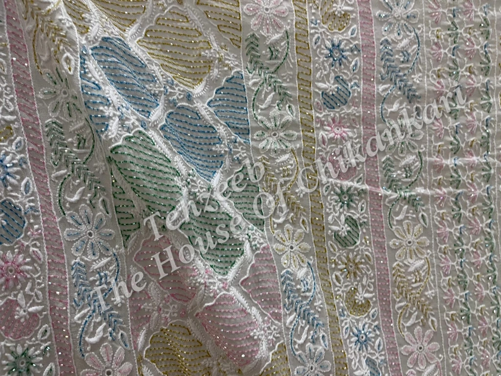MAHARANI - Designer Ek Taar Chikankari Saree, Ivory with Multicolour Resham, detail 4