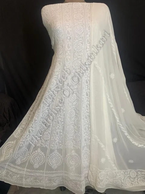 MAHARANI - Ek Taar - Royal Lucknowi Chikankari Anarkali, Ivory with Plain Dupatta