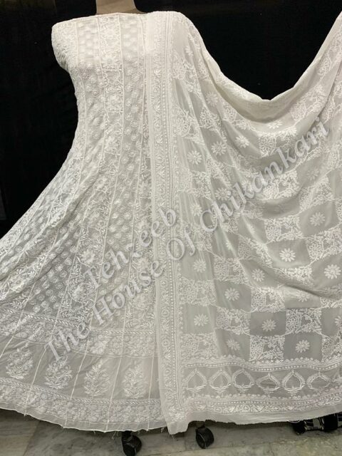 MAHARANI - Ek Taar - Royal Lucknowi Chikankari Anarkali, Ivory Chequered Jaali
