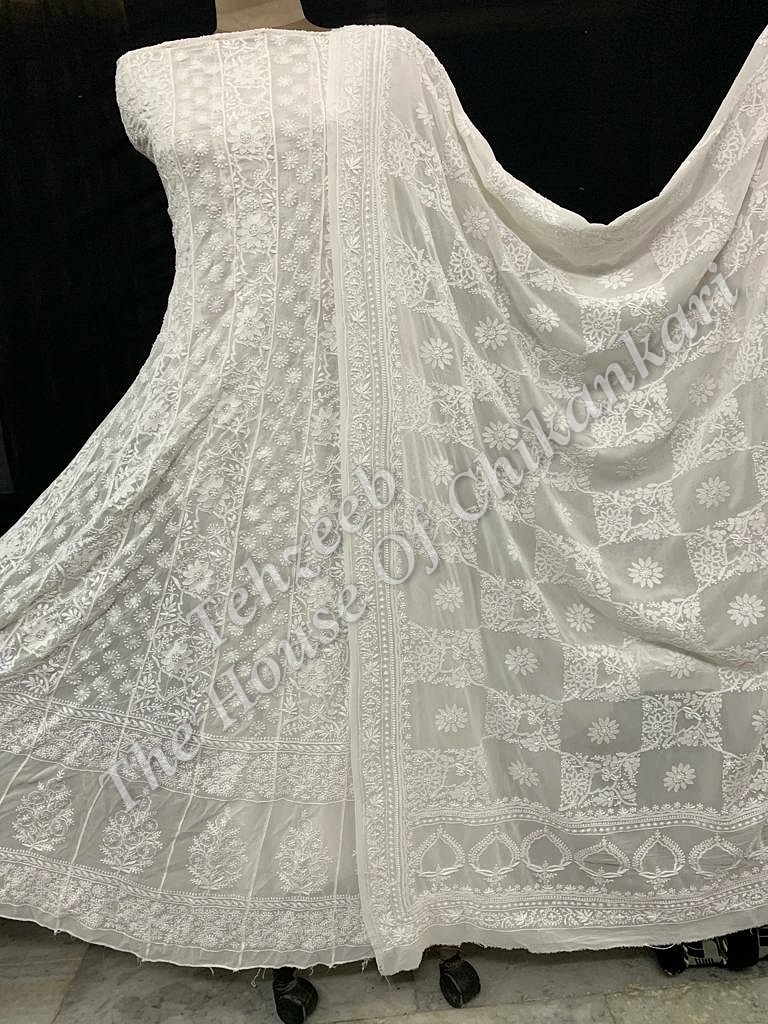 MAHARANI - Ek Taar - Royal Lucknowi Chikankari Anarkali, Ivory Chequered Jaali