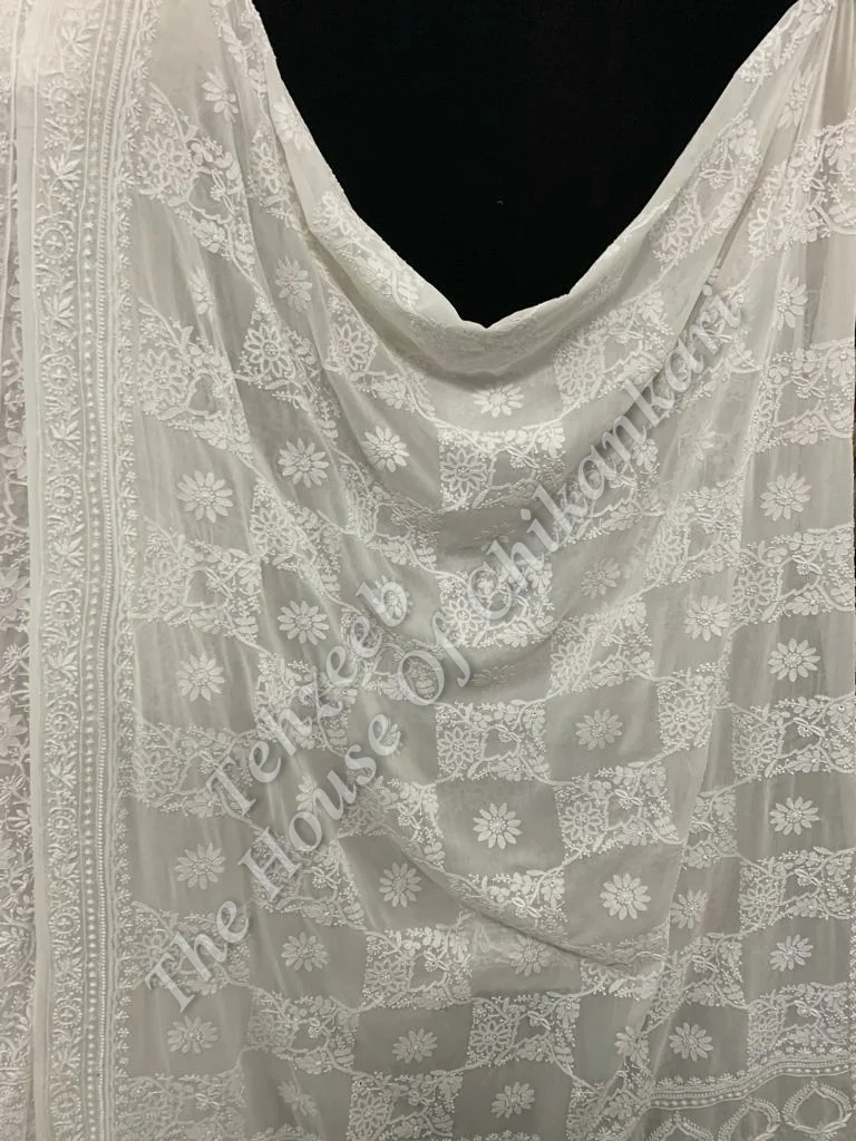 MAHARANI - Ek Taar - Royal Lucknowi Chikankari Anarkali, Ivory Chequered Jaali, detail 2