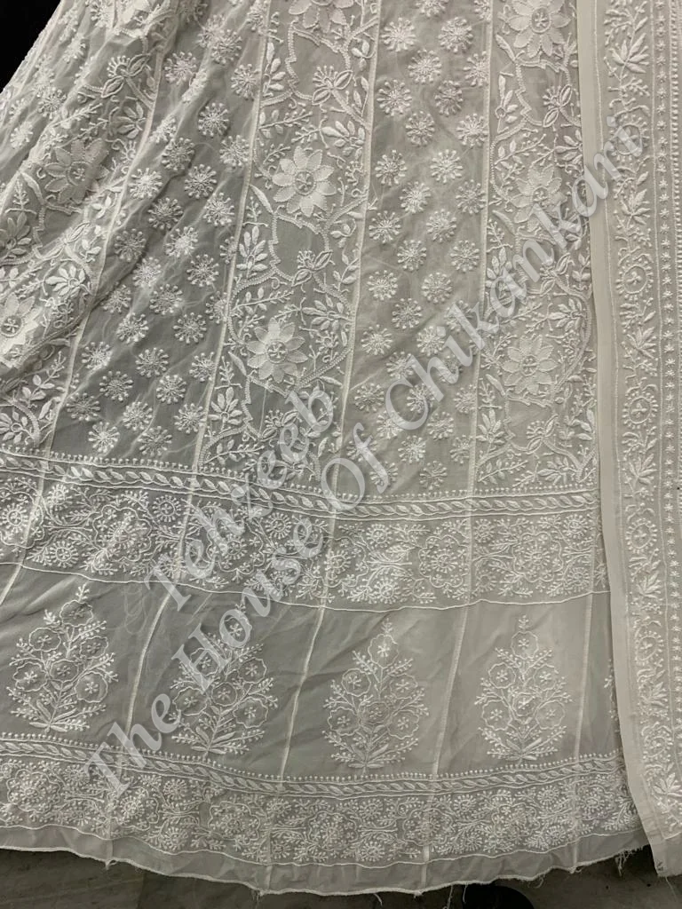MAHARANI - Ek Taar - Royal Lucknowi Chikankari Anarkali, Ivory Chequered Jaali, detail 3