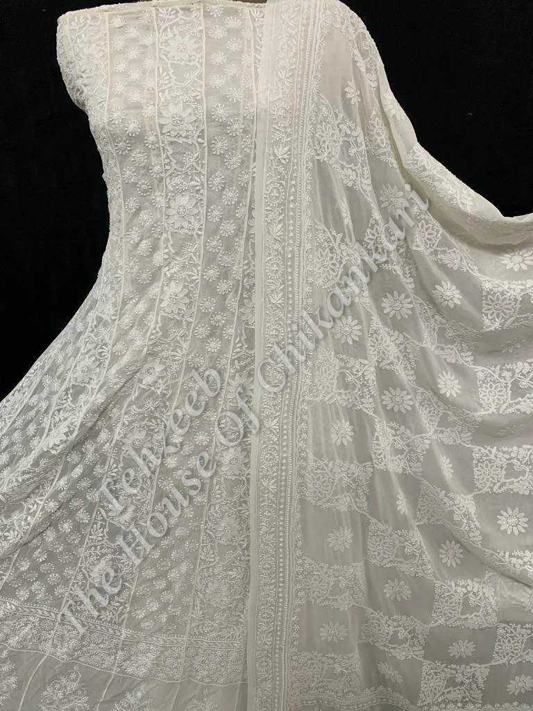 MAHARANI - Ek Taar - Royal Lucknowi Chikankari Anarkali, Ivory Chequered Jaali, detail 4