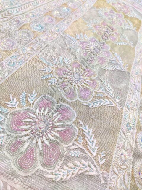 MAHARANI - Designer Ek Taar Chikankari Saree, Gold Tissue with Pink Florals