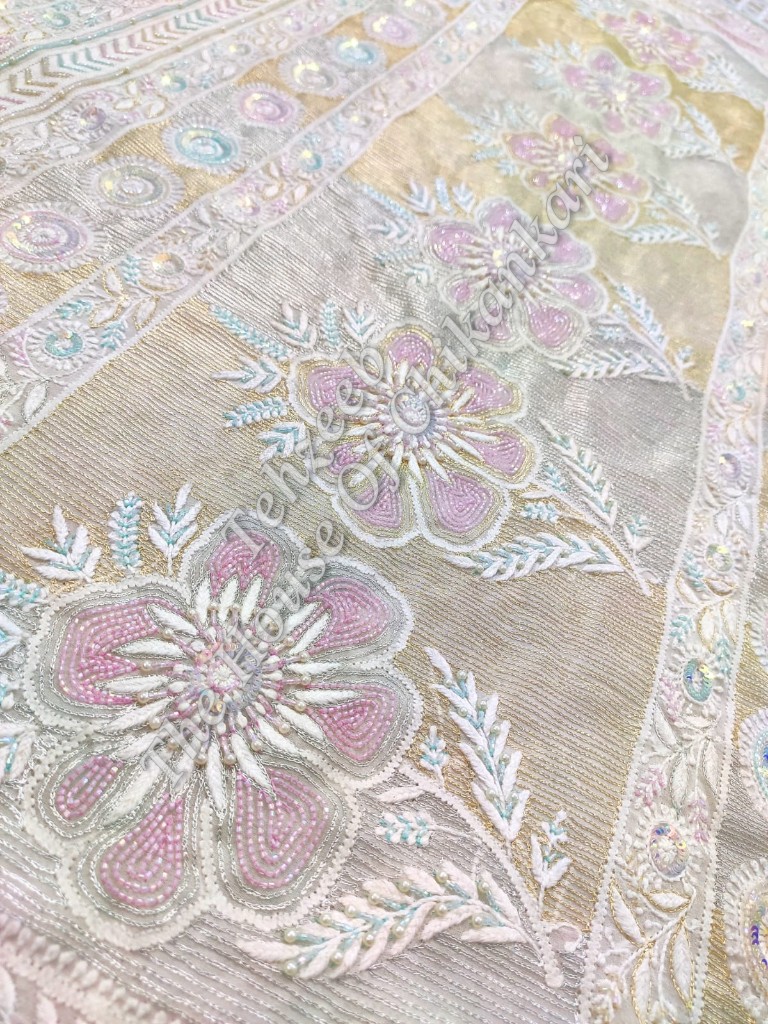 MAHARANI - Designer Ek Taar Chikankari Saree, Gold Tissue with Pink Florals