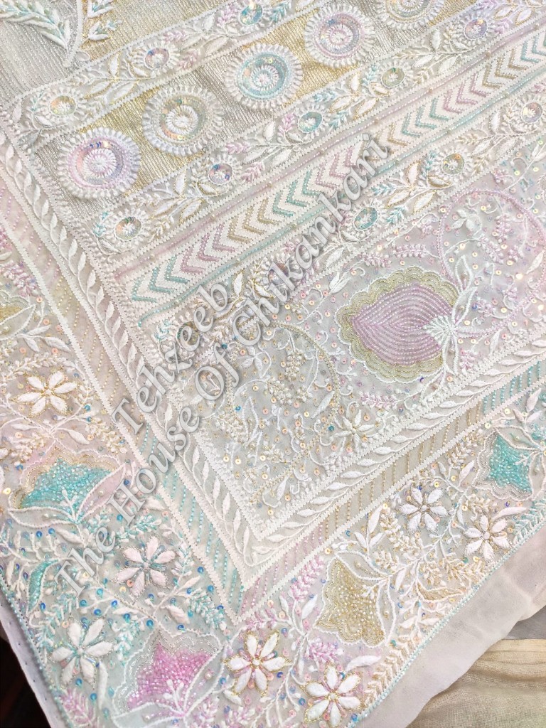 MAHARANI - Designer Ek Taar Chikankari Saree, Gold Tissue with Pink Florals, detail 2